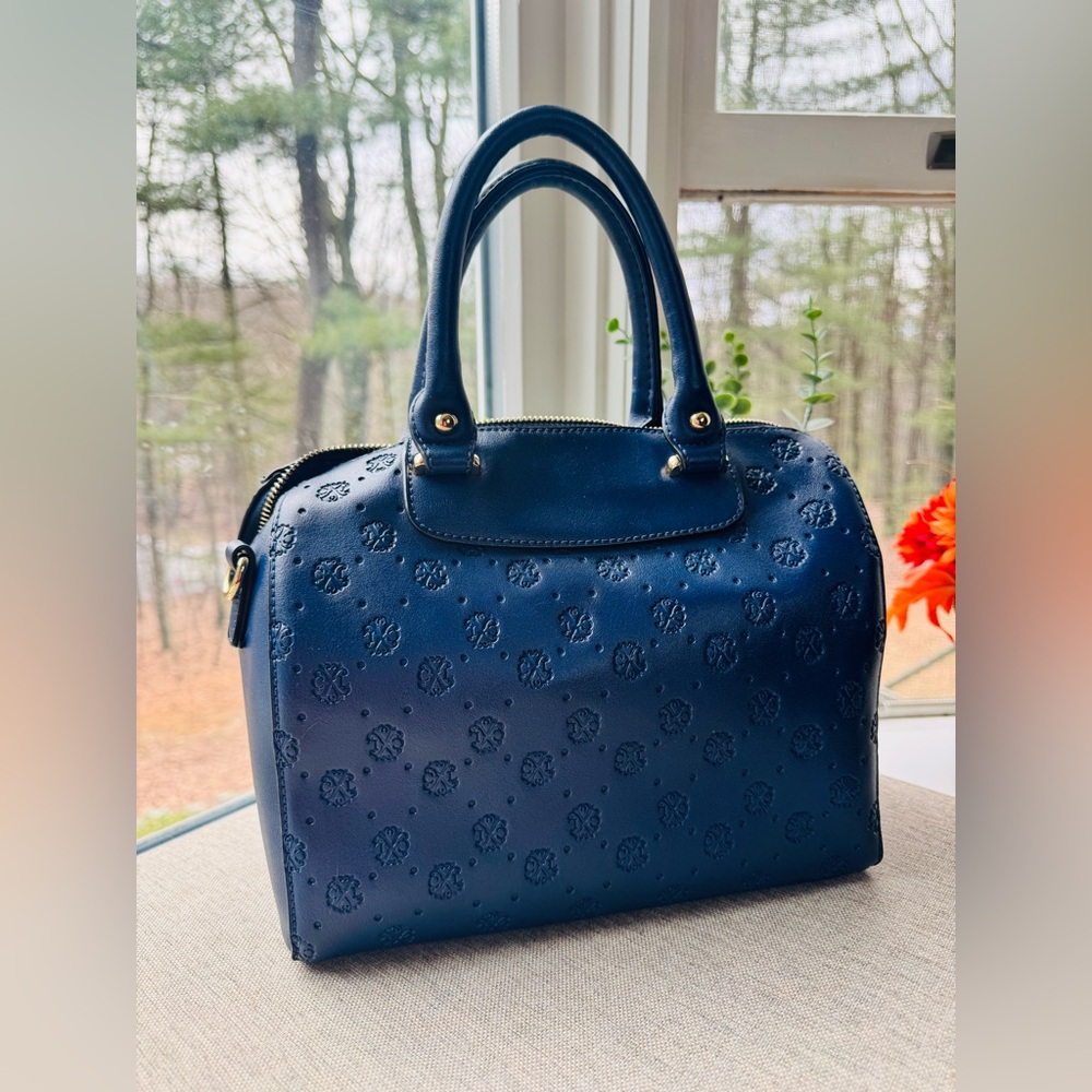 💥 Christian Lacroix Leather Handbag Navy Embossed Satchel EUC